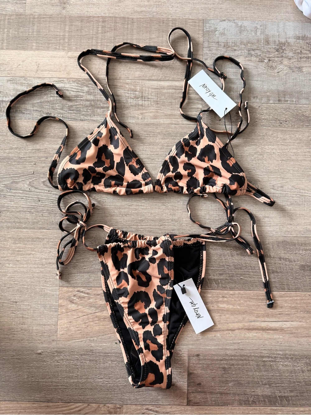 Nasty Gal Leopard Print Triangle Bikini with Mesh Maxi Skirt - Brown & Black